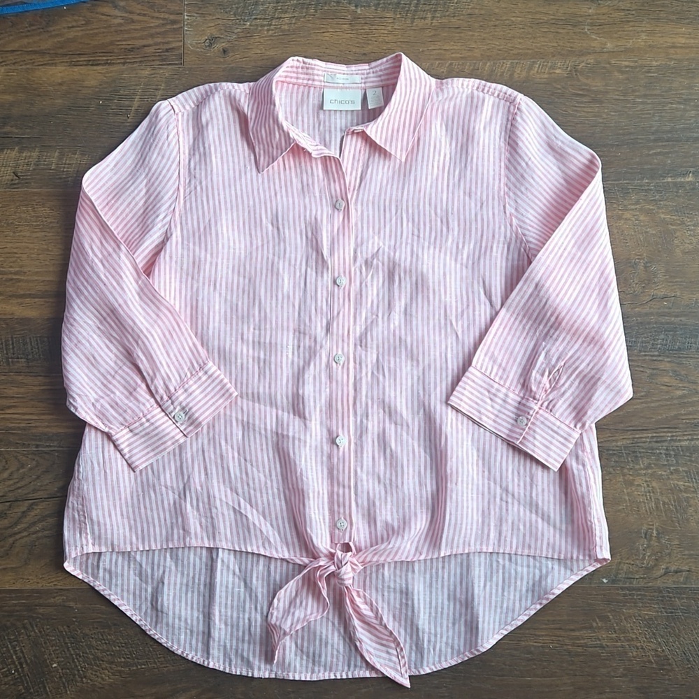 Chico's 100% Linen No-iron Tie Front Bitton Down Blouse